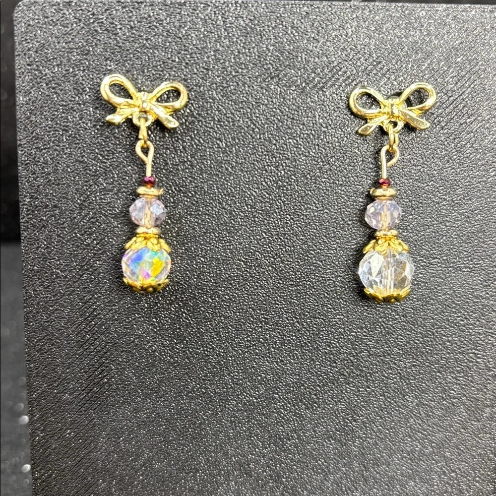 Gold Bow Crystal Drop Earrings - Pink/Clear - Picture 3 of 3
